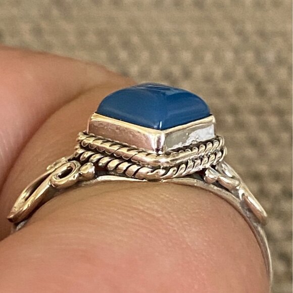 Ring Size 8 Blue Chalcedony Diamond Cabochon Smooth Sterling Silver 925 Women Se - Picture 3 of 8